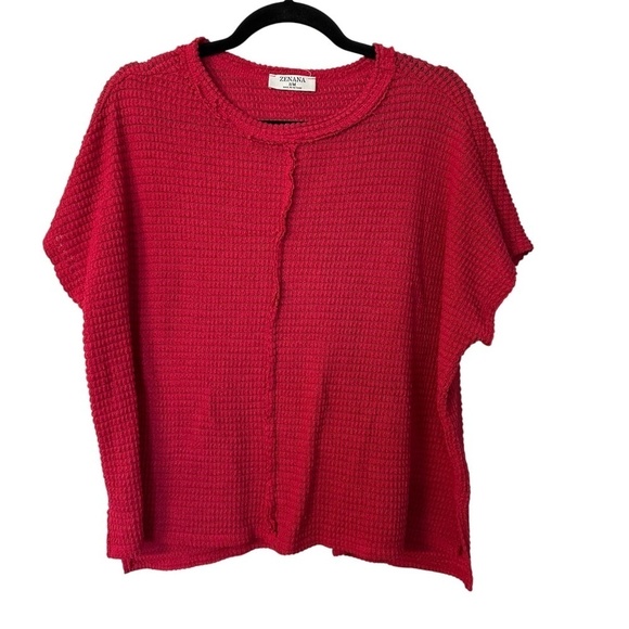 Zenana Outfitters Tops - Zenana Women’s Crewneck Short Sleeve Dark Pink Knit Sweater Top Sz S/M GUC